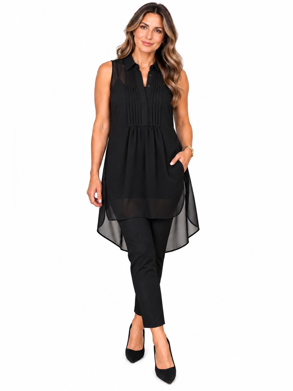White House Black Market Sheer Black
Sleeveless High-Low Tuxedo Tunic Dress